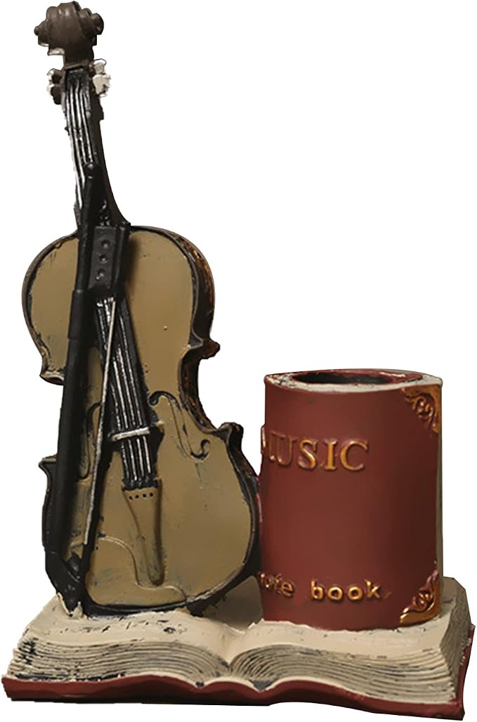 Jaugufiy Resin Violin Sculpture Pen Holder Pencil Holder Pen Organizer Cosmetic by Jaugufiy