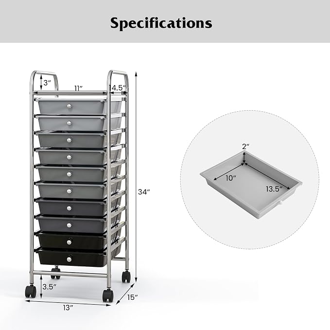 Giantex 10-Drawer Storage Cart w/Universal Wheel, Rolling Cart w/Handle - Image 3