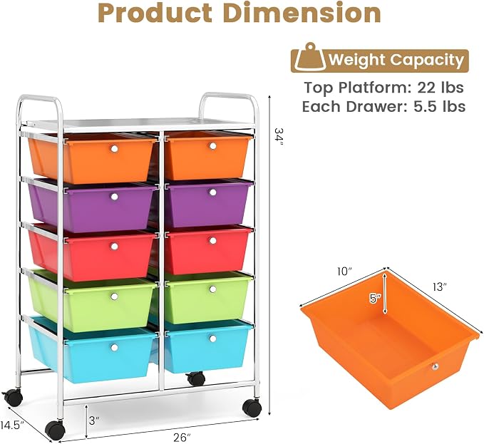 HAPPYGRILL 10-Drawer Rolling Storage Cart, Storage Organizer Cart - Image 6
