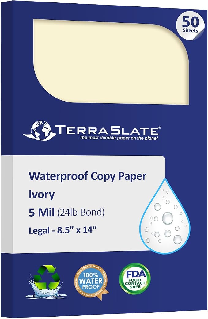 TerraSlate Waterproof Paper, Rip-Proof Colored Paper, 50 Sheets, 5 Mil by TerraSlate