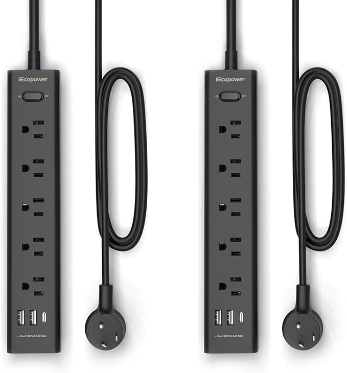 2 Pack Power Strip Surge Protector-5 Widely Spaced Outlets 3 USB Ports by iEcopower