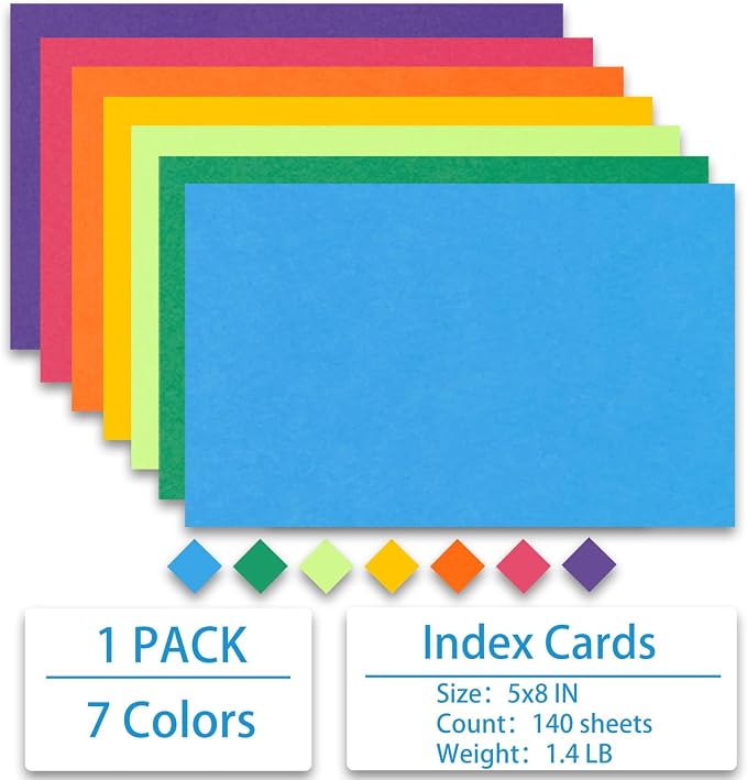 Index Cards 140-Count 5x8 Inch, 178GSM Heavyweight Set of 7 Colors Paper - Image 3