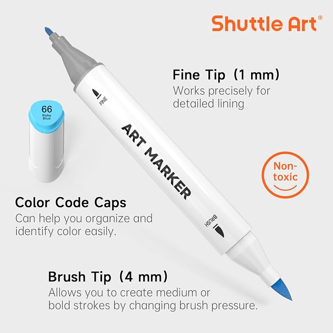 Shuttle Art Brush Tip Alcohol Markers, Dual Tip Brush & Fine Tip Art Marker Set - Image 3