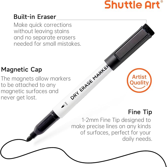 Shuttle Art Dry Erase Markers, 15 Pack Black Magnetic Whiteboard Markers - Image 3