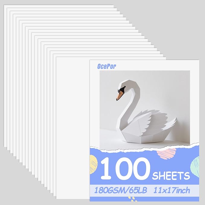 OcePor 100 Sheets White Cardstock 11” x 17”, 65lb/180gsm White Card Stock by OcePor