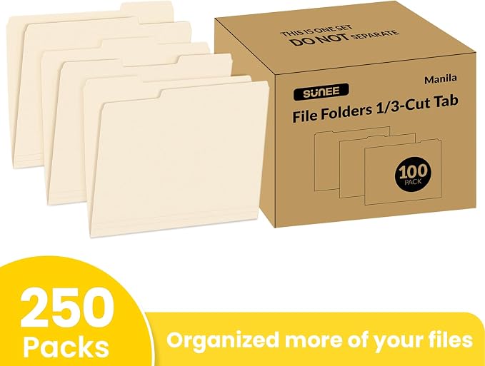 SUNEE Manilla Folders Letter Size, 250 Per Box, 1/3 Cut Tab - Image 2