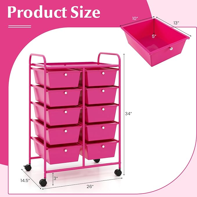 LDAILY 10 Drawer Rolling Cart, Storage Cart Organizer on Wheels, Drawer Cart - Image 3