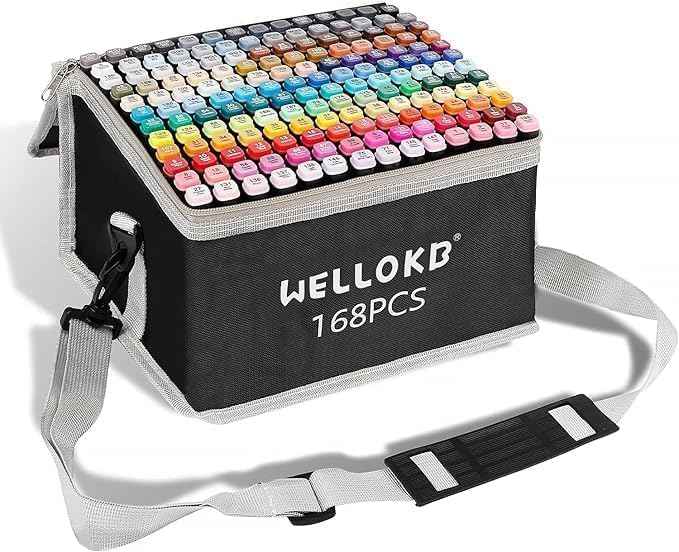 WELLOKB Alcohol Markers, 168 Colors Dual Brush Tip Permanent Art Markers for Drawing,for Adult Coloring, Alcohol, Based Ink Ideal for Book Painting and Card Making