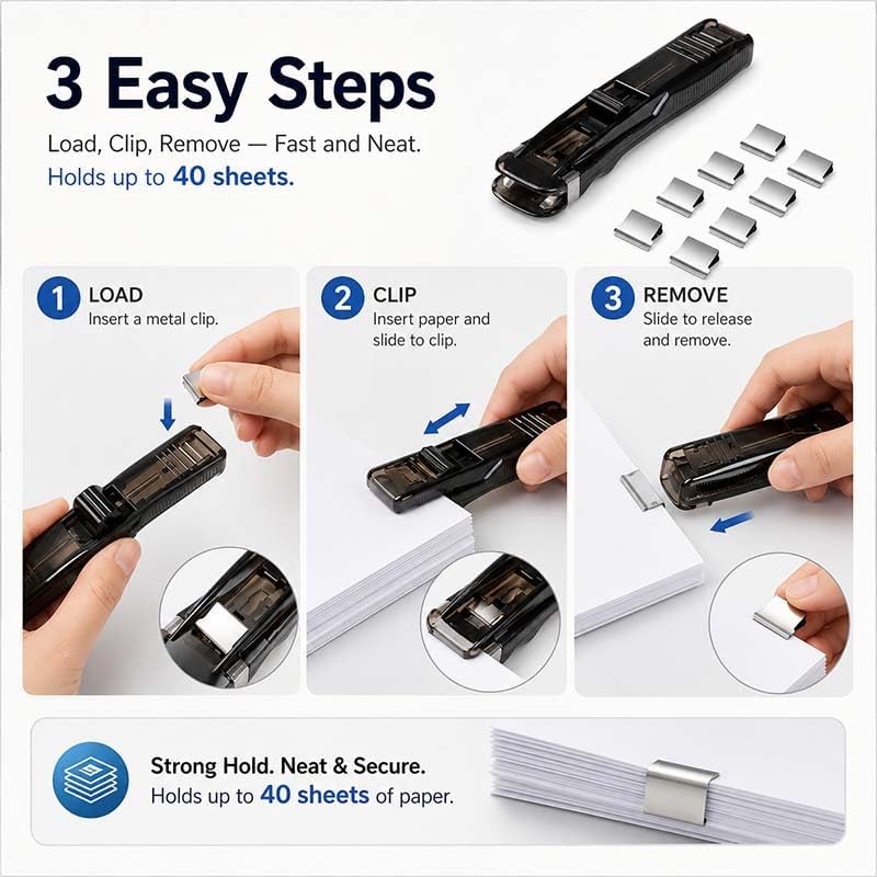 Portable Binder Clip Stapler with 58 Reusable Push Clips, Staple Free Stapler for Up to 40 Sheets, Mini Paper Clip Dispenser for Office Documents, School Supplies and Home Organization (Black)