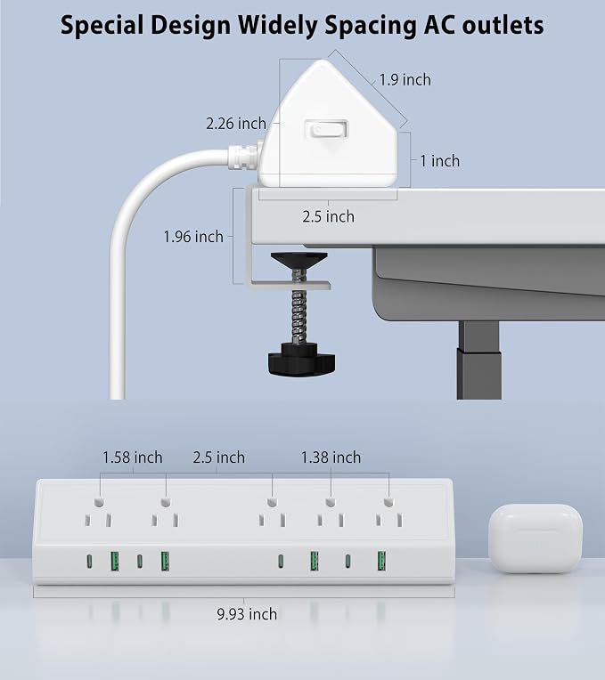 45W Fast Charging Station, Desk Clamp Power Strip, 4 PD USB-C Ports, 5 AC - Image 7