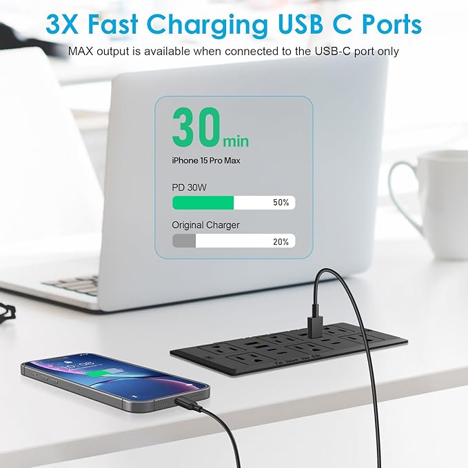 Recessed Power Strip with PD 30W Fast Charging, Conference Desk Flush Mount - Image 4