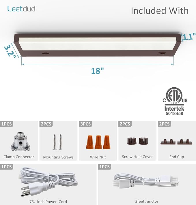 Leetdud LED Under Cabinet Lighting Hardwired or Plug in, 18 Inch 9W, Dimmable 5 - Image 9