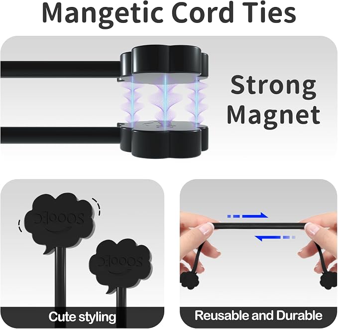 SOOOEC Black Magnetic Cable Ties, 20 Pack 7.2" Magnetic Cord Ties Cute Cloud - Image 4