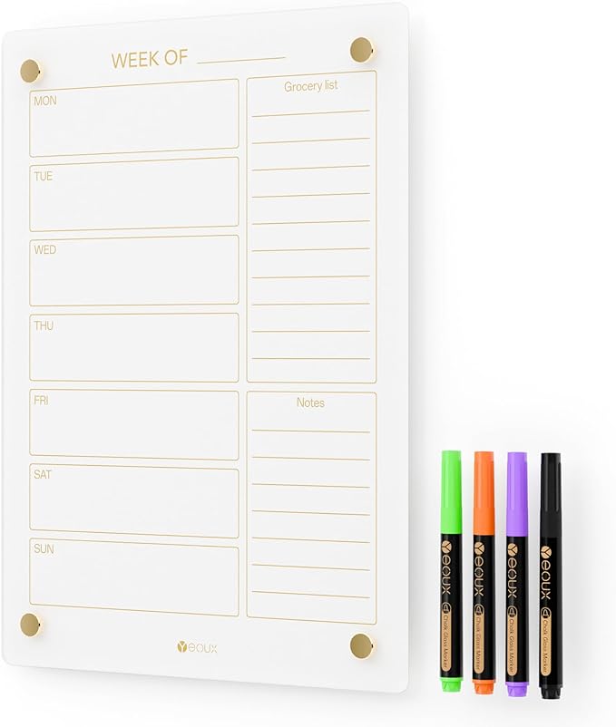 Glass Golden Weekly Dry Erase Calendar & Menu Whiteboard by Yeoux