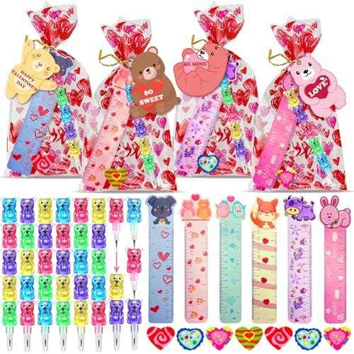 24 Pack Valentines Day Classroom Exchange Gift for Kids with Stationery Set Assorted Valentines Day Cards for Kids School Valentines Party Favors for Class with Goodie Bag and Pencils, Erasers, Rulers