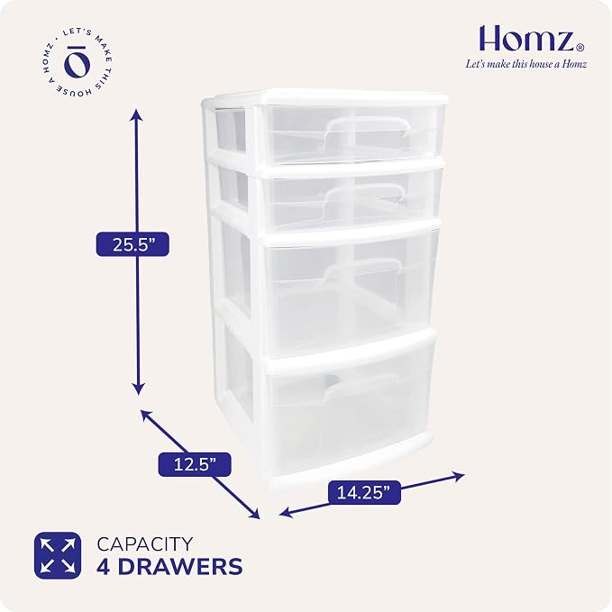 HOMZ Drawer Tower, 4-Tier Clear Plastic Storage Organizer Cart, and Classroom - Image 3