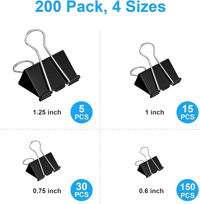 200 Count Binder Clips Assorted Sizes, 4 Sizes Large, Metal Paper Clamps - Image 2