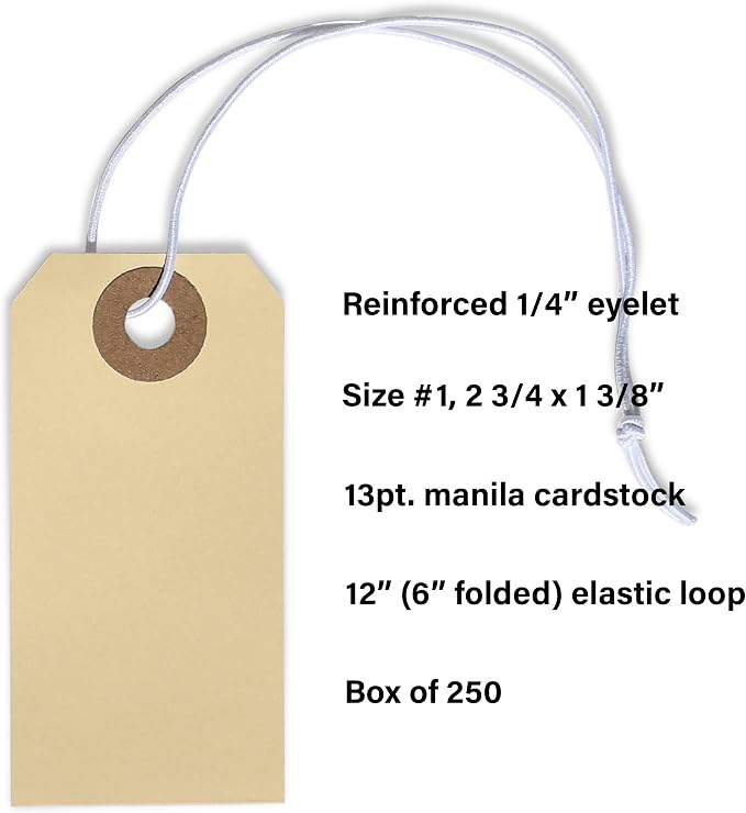Paper Tags with Strings Attached Elastic- #1, 2 3/4” x 1 3/8”, Box of 500 - Image 3