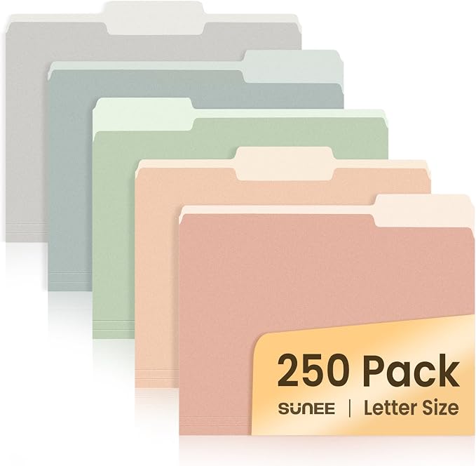 SUNEE File Folders Letter Size Pastel Colors, 250 Pack Manilla Folders 8.5 x 11 by SUNEE