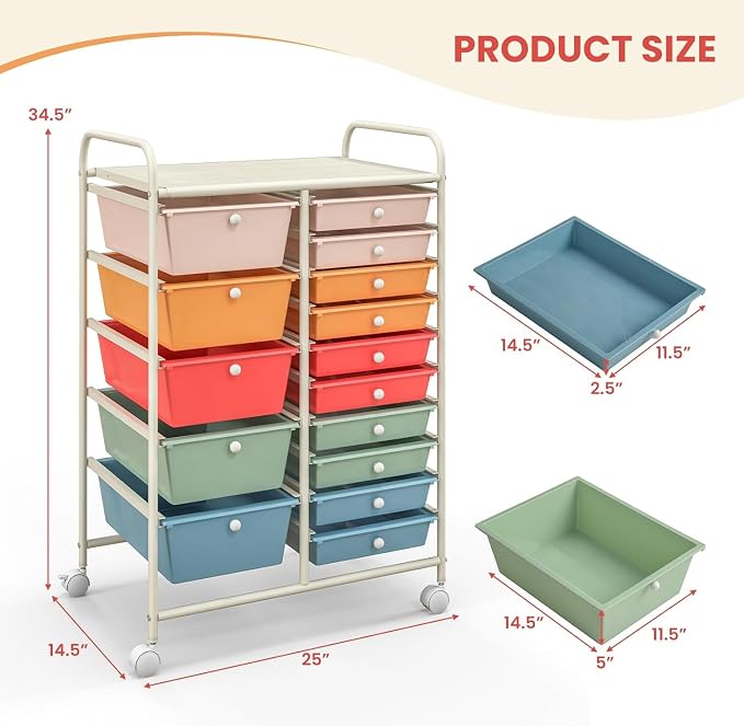 LDAILY 15 Drawer Rolling Storage Cart, Rolling Cart - Image 3