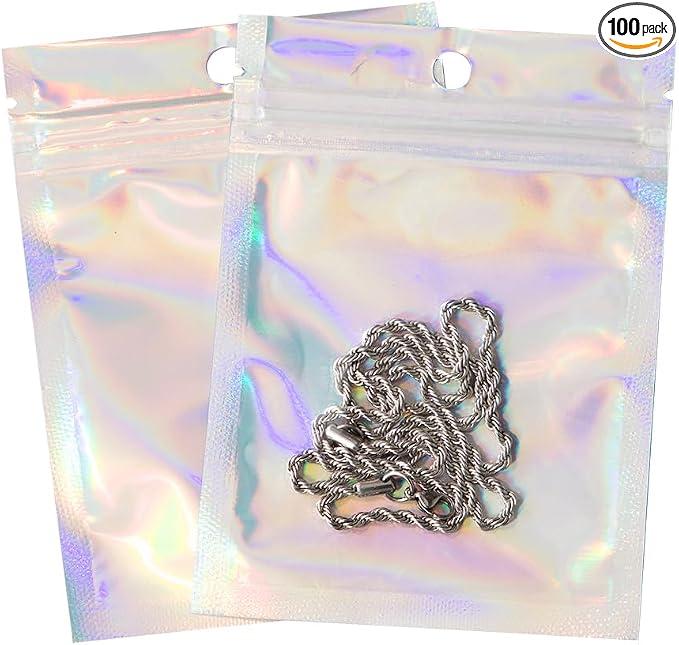 100Pcs Holographic Packaging Bags, 3.5x4.7 inch Resealable Foil Pouch Mylar by Motomy