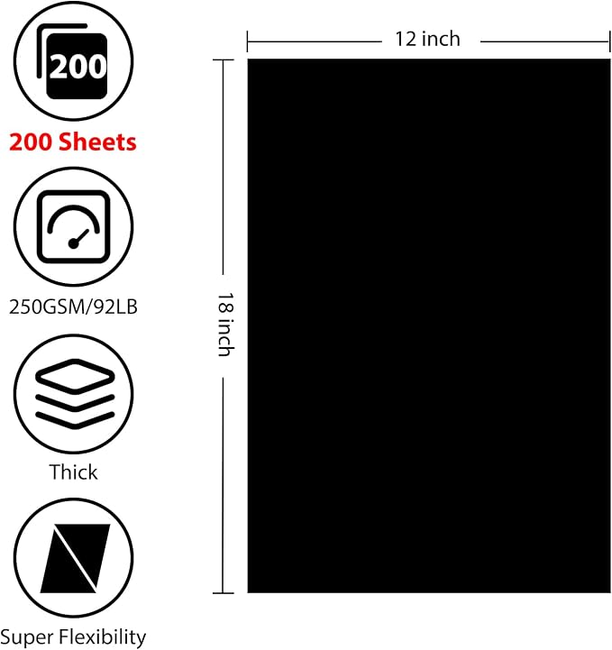 OcePor 200 Sheets Black Cardstock 12” x 18”, 92lb/250gsm Black Card Stock - Image 2