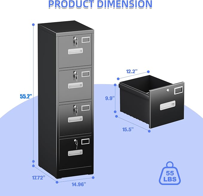 SUXXAN 4 Drawer File Cabinet, Metal Vertical Black Filing Cabinets - Image 3