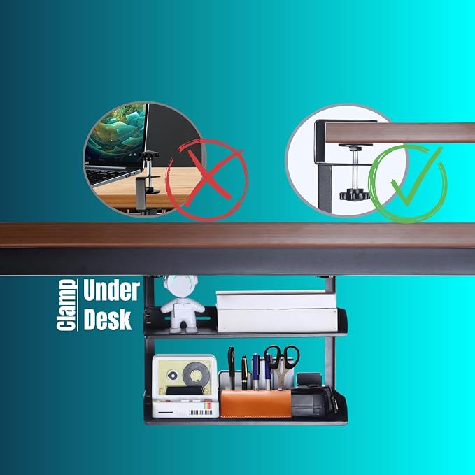 Yuxh Clamp On Desk Shelf 2 Tier Cilp Under Table Organizer, 15 inch - Image 6