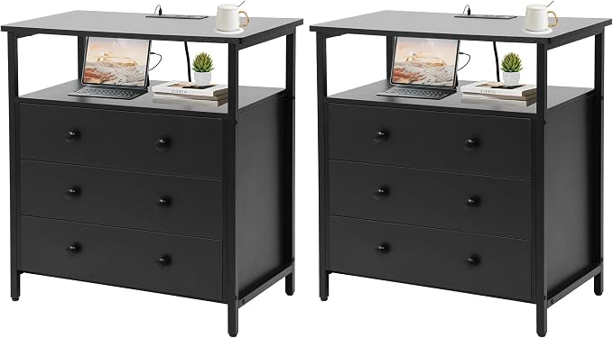 Edbuosy 3 Wooden Drawers Nightstand, 27 Inch Wide Night Stand Set 2 by Edbuosy