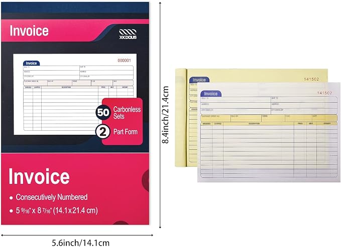 XKDOUS 2 Pack Invoice Book, 2-Part Carbonless, 5-9/16" x 8-7/16" Invoice - Image 2