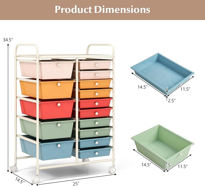 DORTALA 15-Drawer Rolling Storage Cart - Image 3