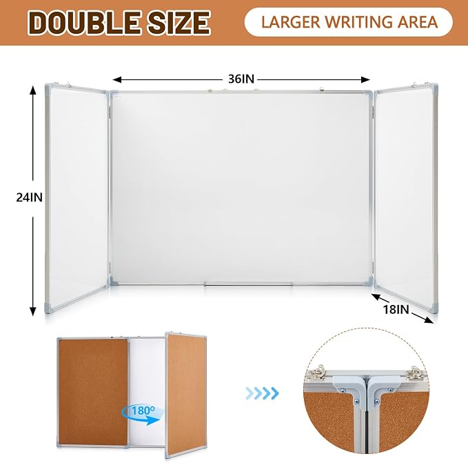 Mooliwe 72"x24" Tri-fold Cork Board Whiteboard, Foldable Combination Magnetic - Image 2