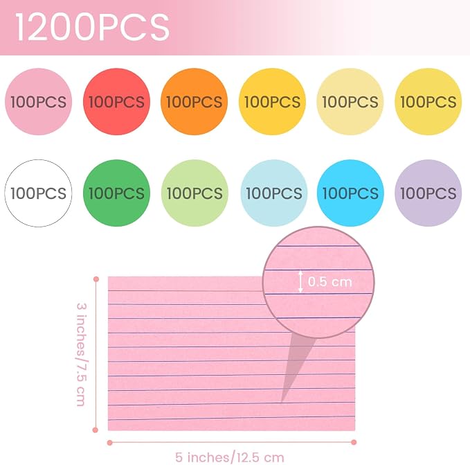 Koogel 1200PCS Index Cards 3x5, Colored Ruled Index Cards Bulk - Image 7