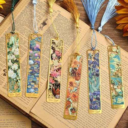 6 Pieces Metal Bookmarks with Tassel, Golden Hollow Bookmark Van Gogh and Claude Monet Oil Painting Theme Book Mark Bookmarks for Book Lovers Writers Readers Children Teens Men Women (6Pcs)