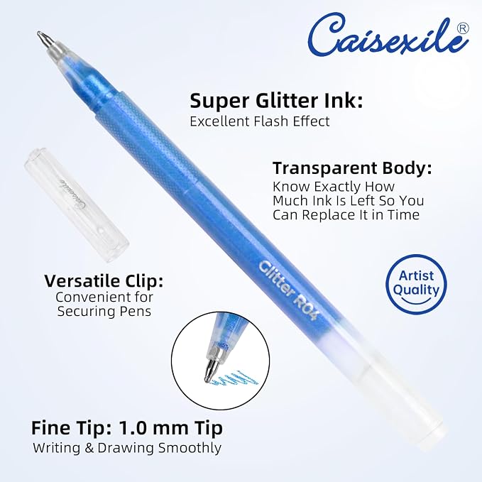 CAISEXILE 12 Blue Glitter Gel Pens Set, 1.0 mm Fine Point - Image 3