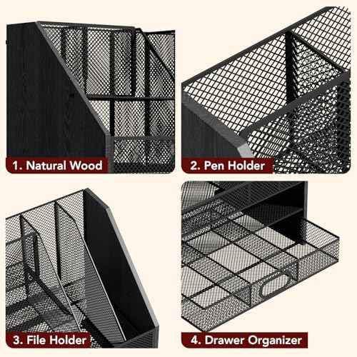 Homsorout Wooden Desk Organizer - Mesh File Organizer with Drawers and Pen Holder - 4-Tier Vertical Paper Letter Storage Tray, Desktop Organizers and Accessories for Home Office (Black