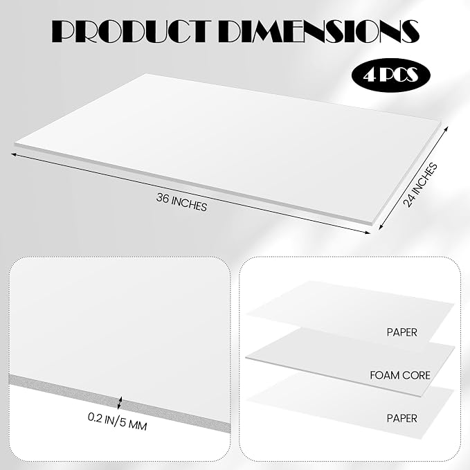 Elcoho 4 Pack White Foam Board, 24 x 36 Inch Acid-Free Foam Core Board - Image 2