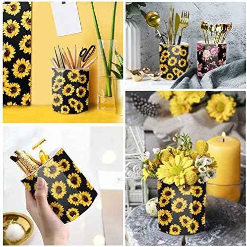 Pen Holder, Pencil Holder for Desk Floral Pattern Pencil Cup for Girls Kids Durable Ceramic Desk Organizer Makeup Brush Holder for Office, Classroom, Home, Sunflower