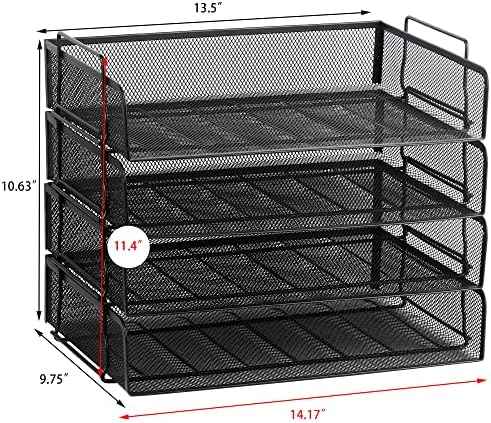EASEPRES 4 Pack Stackable Desk Paper Tray, Metal Mesh Desktop Document Letter File Organizer for Office Home School, 13.5'' L x 9.75'' W x 11'' H, Black