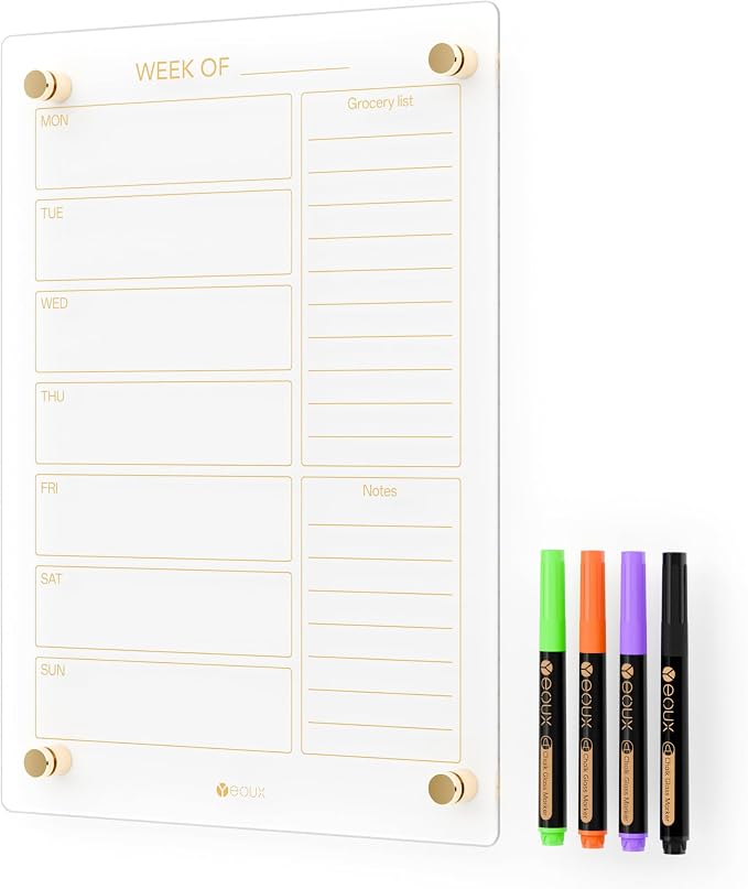 Clear Glass Weekly Dry Erase Calendar & Menu Non-Magnetic Whiteboard by Yeoux