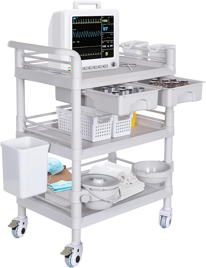 Mobile Medical Carts 3 Tier Professional Utility Cart 330 LBS Max Load Rolling by Enocreay