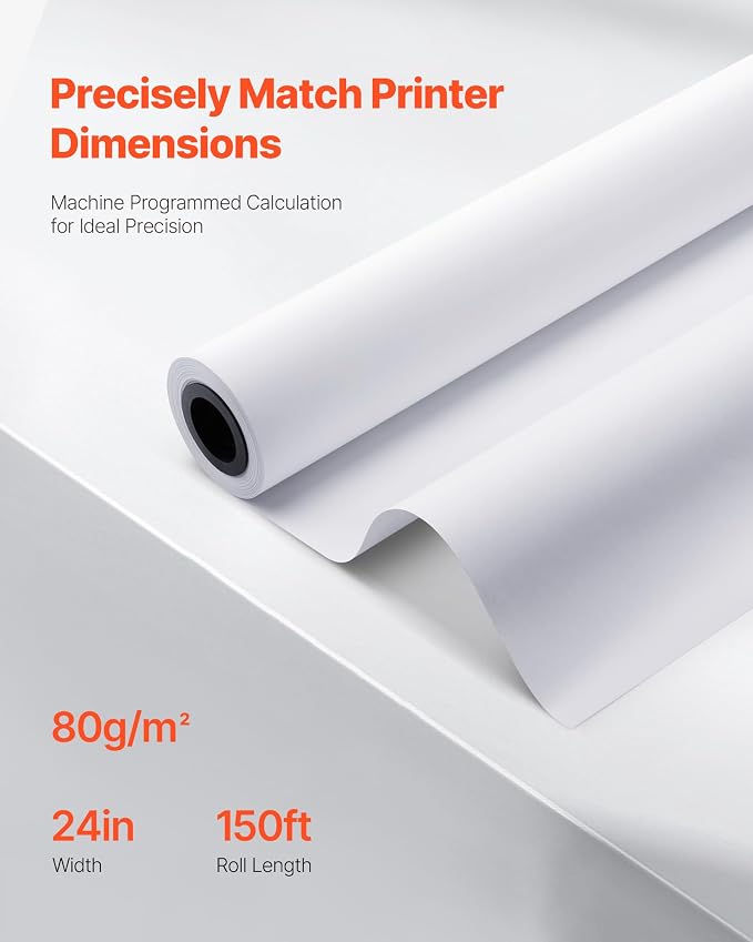 VEVOR Wide Format Paper, 24 in x 150 ft Plotter Roll, 2 Rolls CAD Bond Rolls - Image 3
