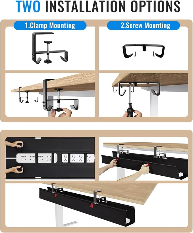 No Drill Cable Management Under Desk, Clamp/Screw Mount Cable Tray, Premium - Image 3