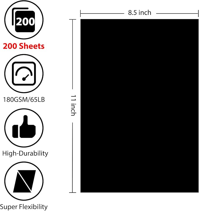 OcePor 200 Sheets Black Cardstock 8.5” x 11”, 65lb/180gsm Black Card Stock - Image 2