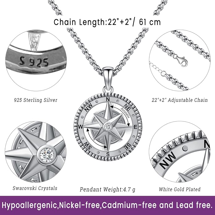 Compass Necklace for Women Men 925 Sterling Silver Pendant Urn Necklaces for - Image 3