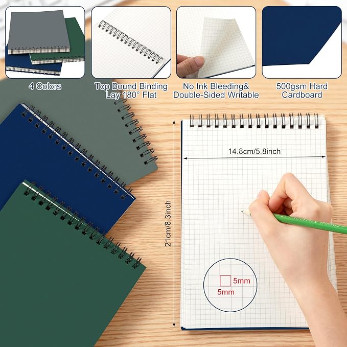 Engrowtic 6 Pack Graph Paper Spiral Notepad A5 Top Wirebound Notepad Grid - Image 2