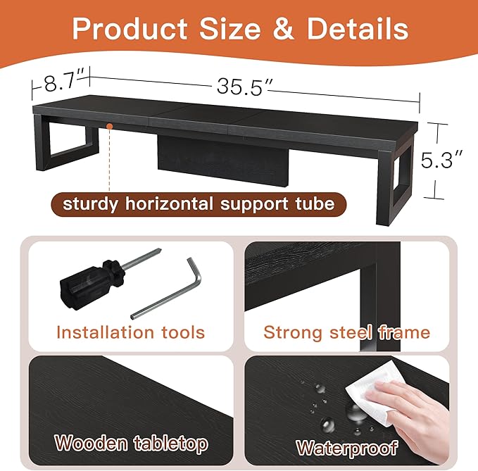 HEWORLIF Dual Monitor Stand Riser, Wood and Steel Monitor Stand - Image 6