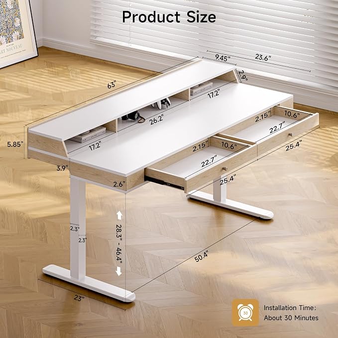 ONBRILL Standing Desk with Drawers, 63x23.6 Inch Electric Stand Up Desk with - Image 2