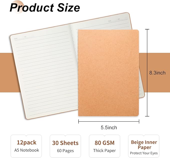miikoul 12 Pack A5 Kraft Paper Notebook Lined Journal Bulk, 8.3 X 5.5 Inch - Image 2
