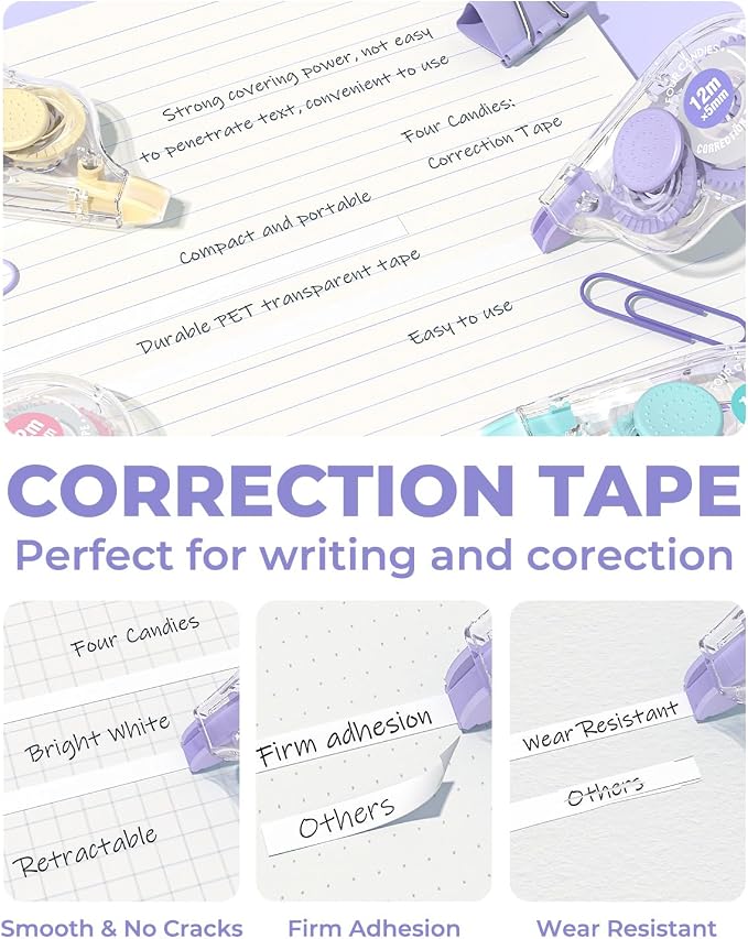 Four Candies White Correction Tape, 39.4 Feet, 8 Pack Easy to Use Applicator - Image 2